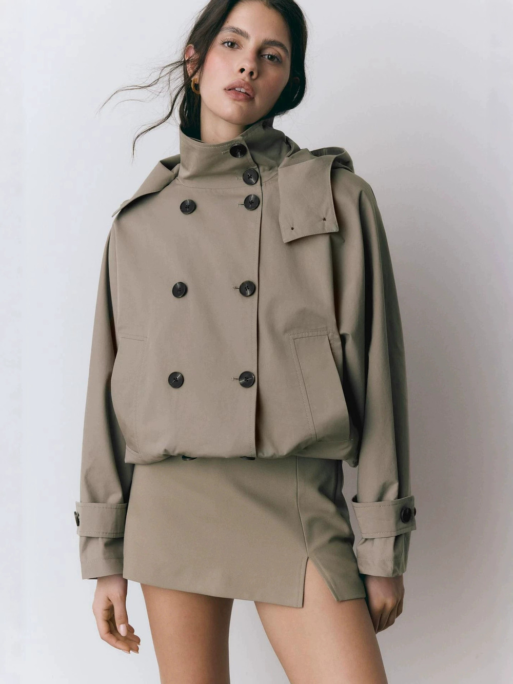 Zara Short Hooded Trench Double Breasted Stand Collar Drawstring Utility Jacket